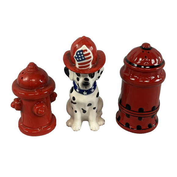 Dalmatian Dog Fire Hydrant Fireman Magnetic Salt & Pepper Shakers 3pc Set - Picture 1 of 10